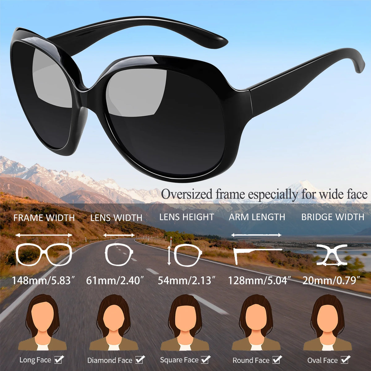 Women's Oversized Polarized Sunglasses - UV Protection Driving Shades (Black)